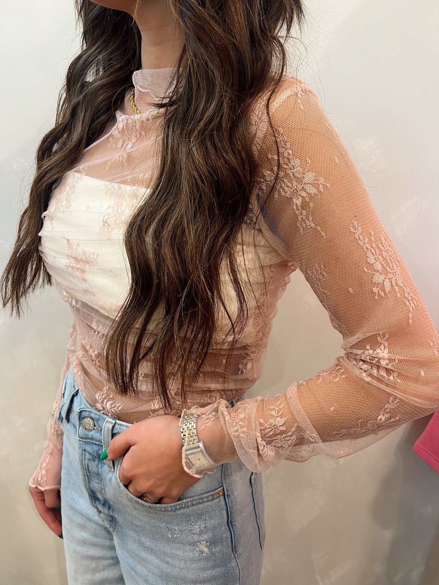 ruched mesh long sleeve top - blush