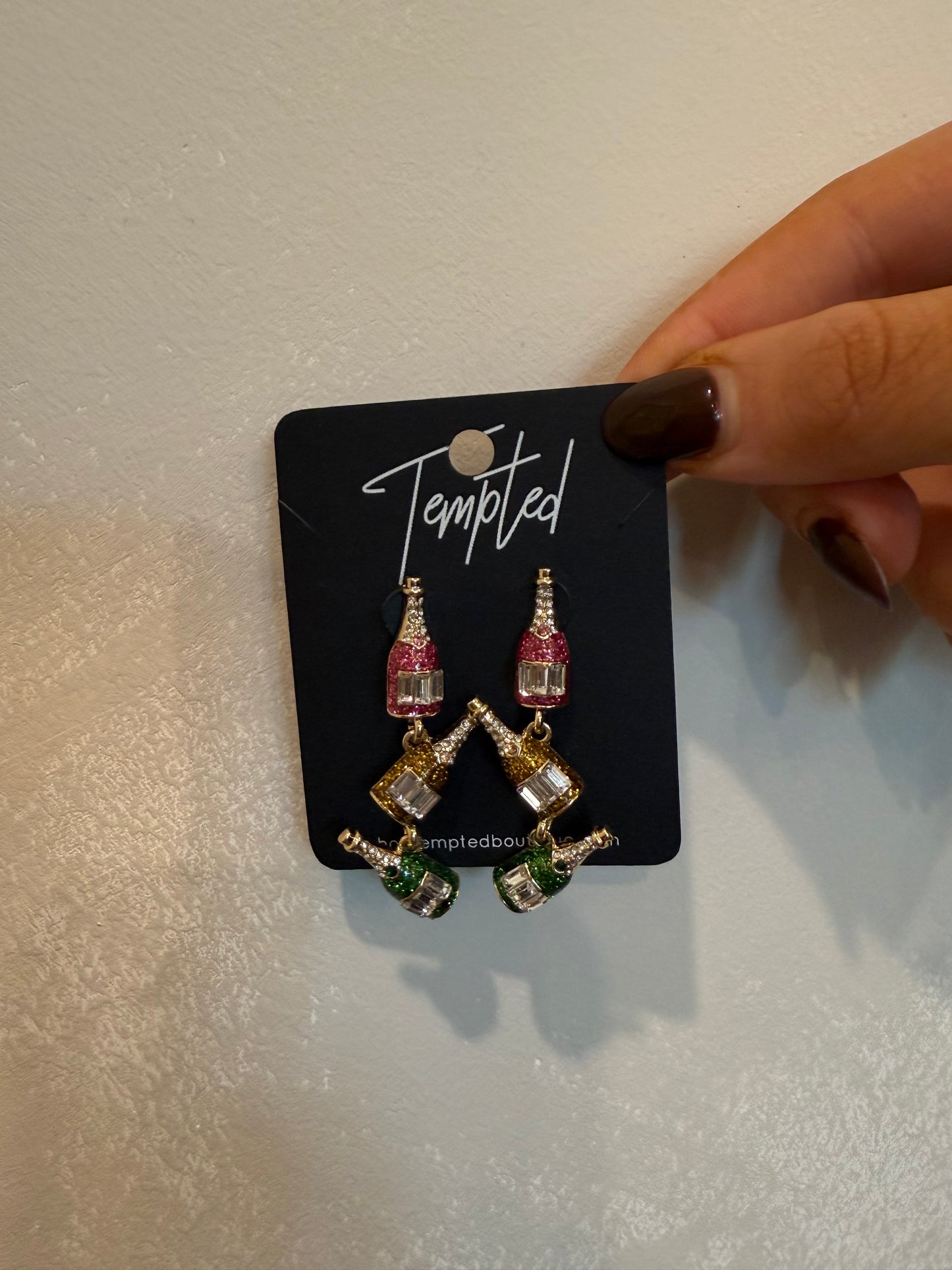 holiday champagne 3 drop earrings - pink green gold