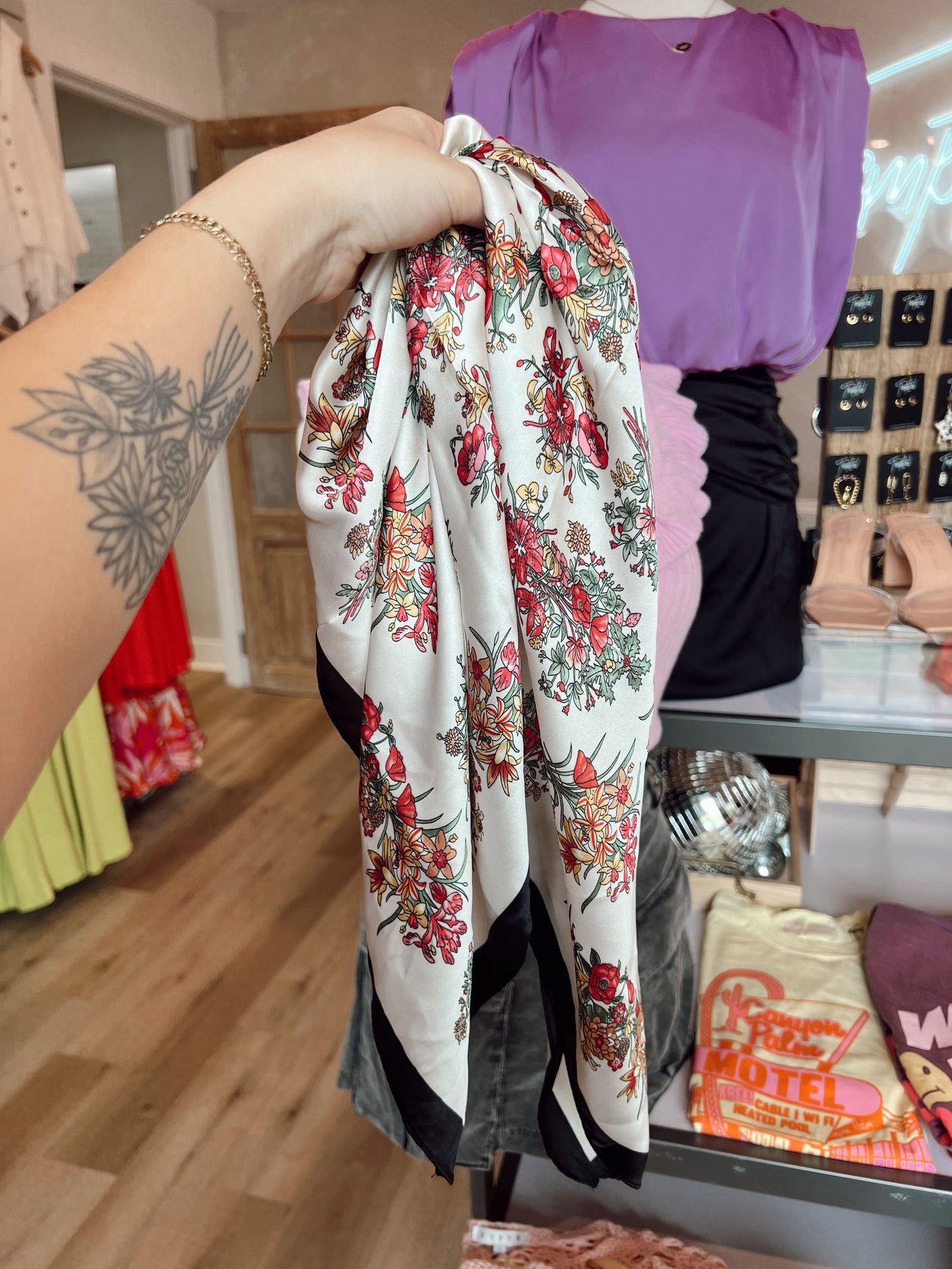 pink flower silk scarf