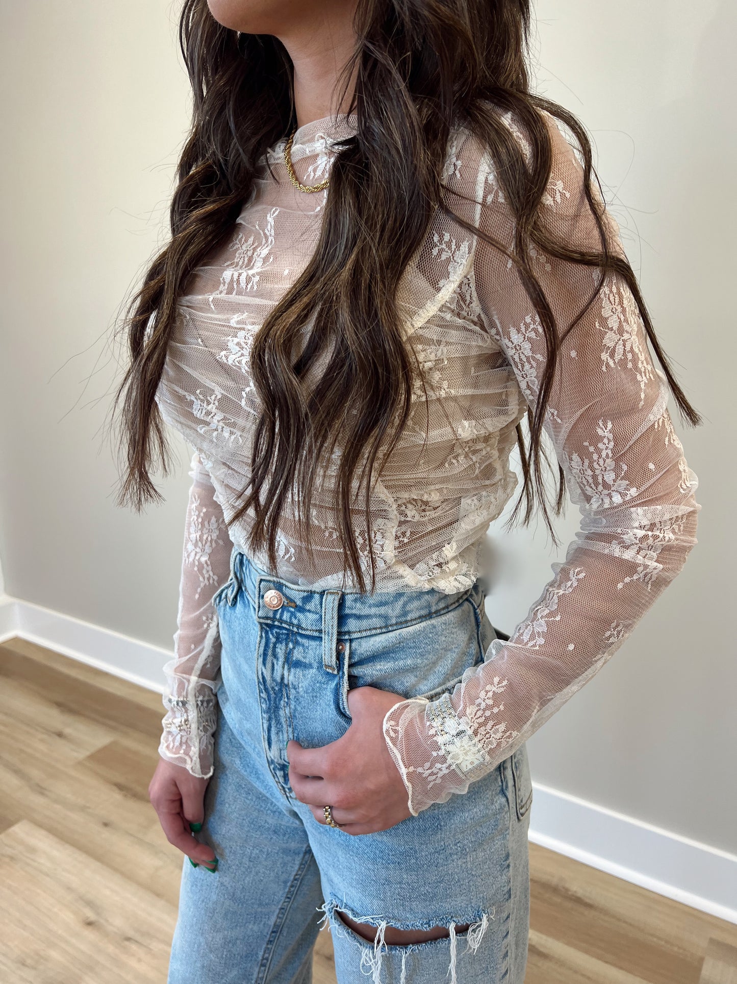 ruched mesh long sleeve top - cream