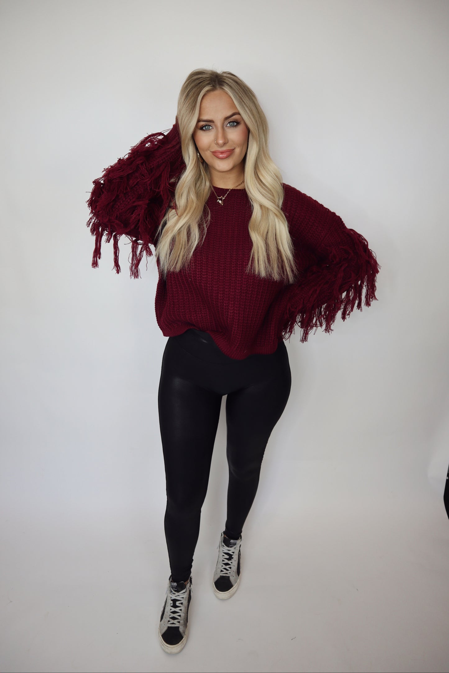 red fringe sleeve sweater