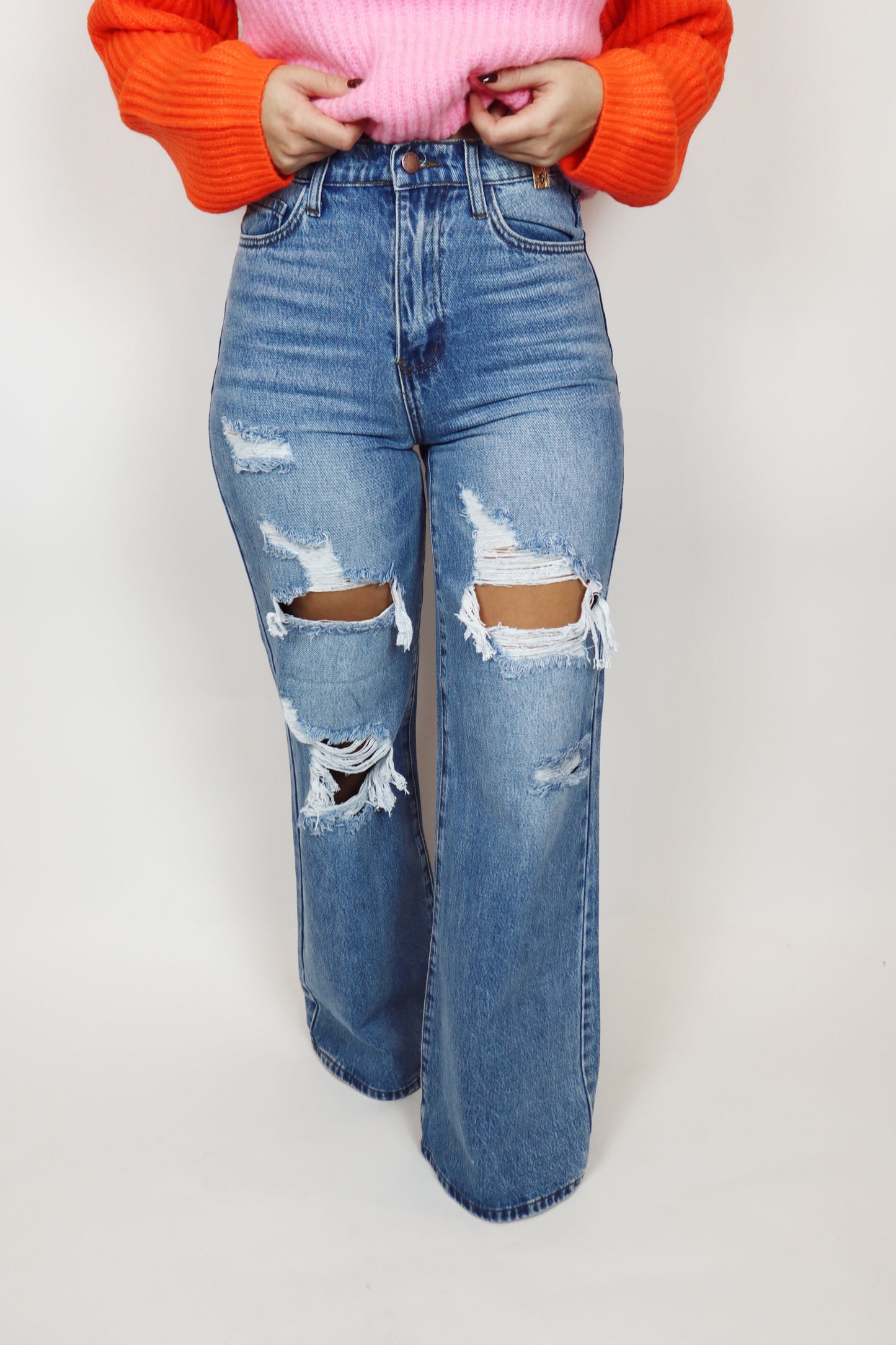 distressed mom flare jean