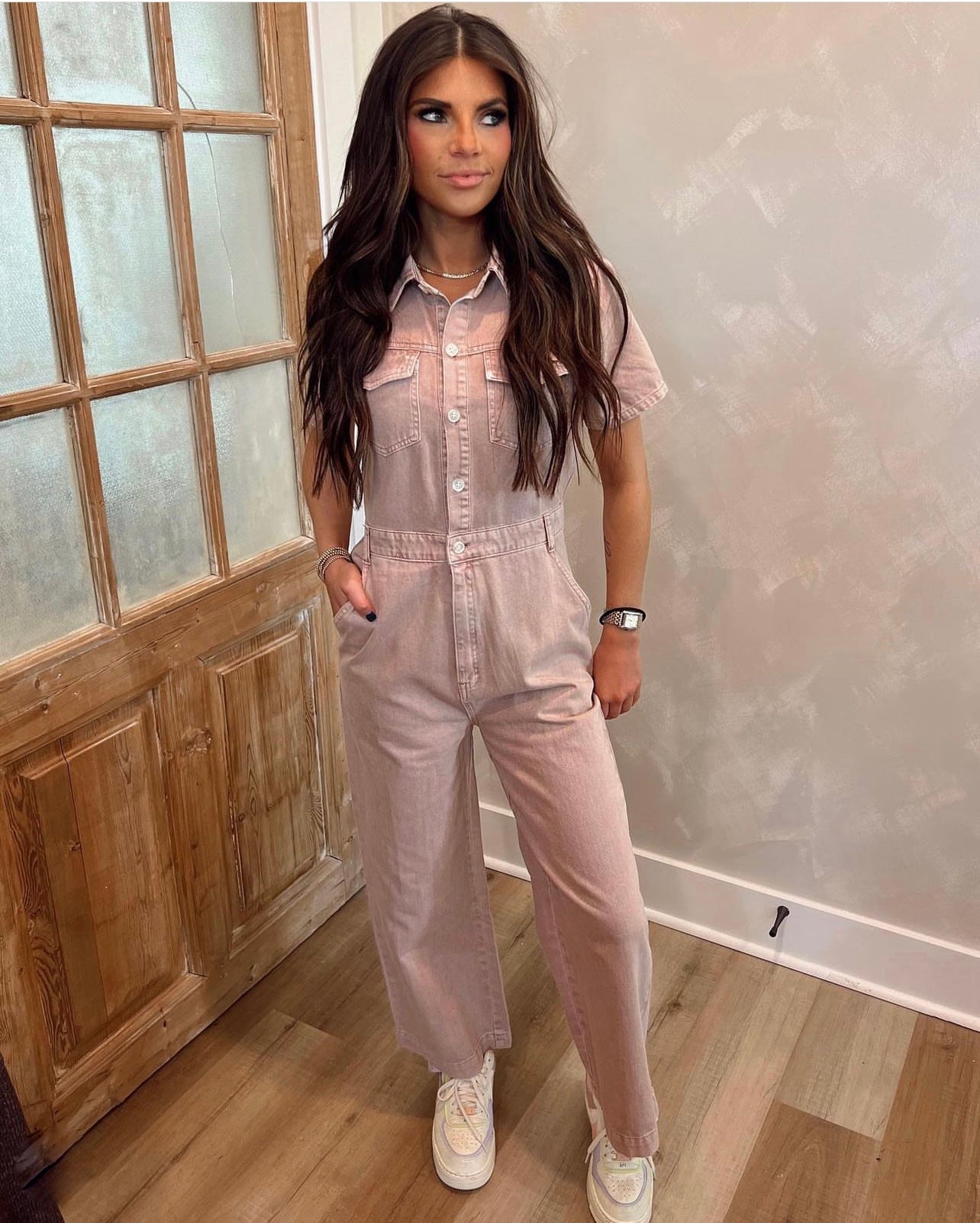 mauve button down jumpsuit