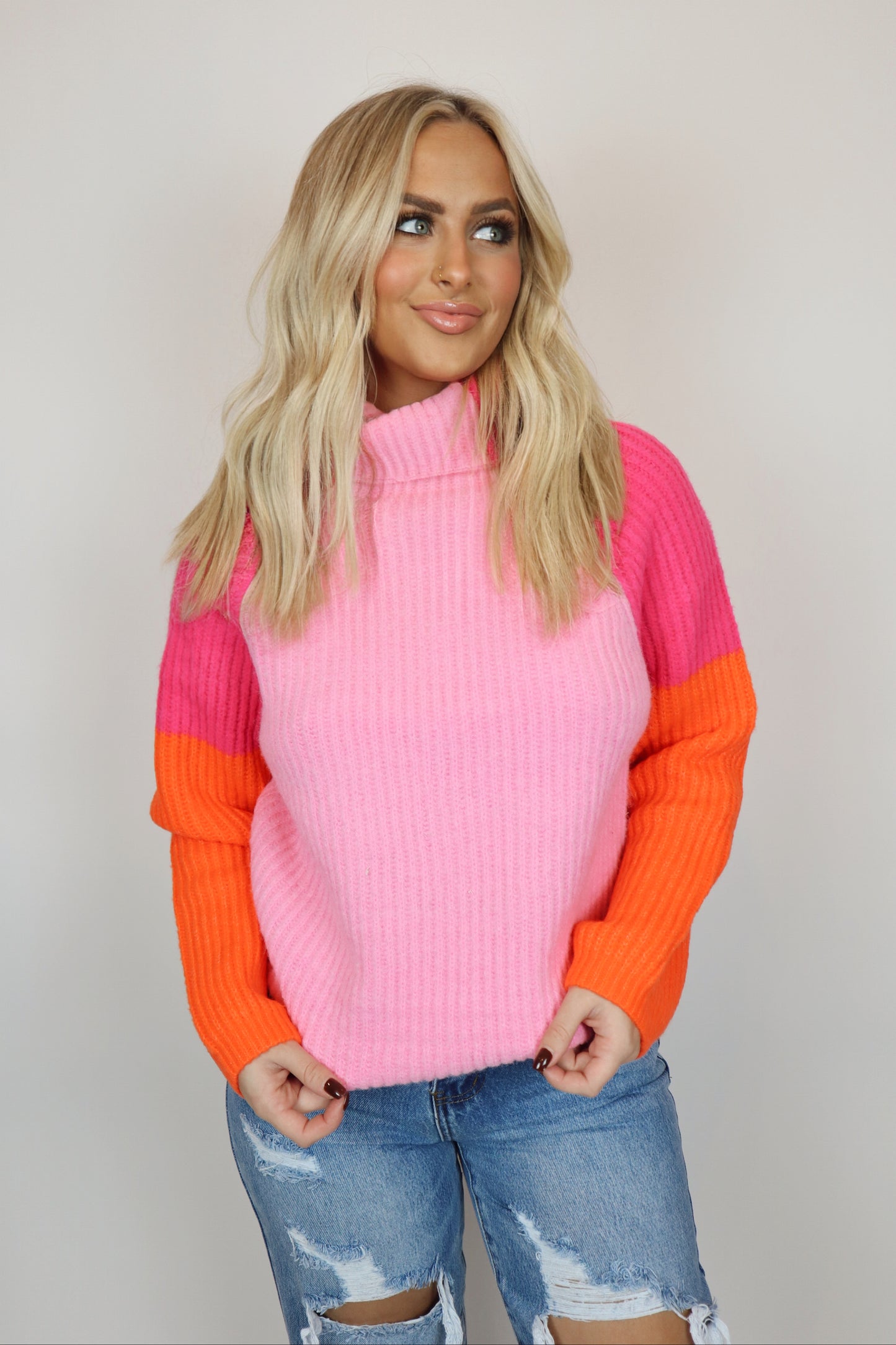 pink sherbert colorblock sweater