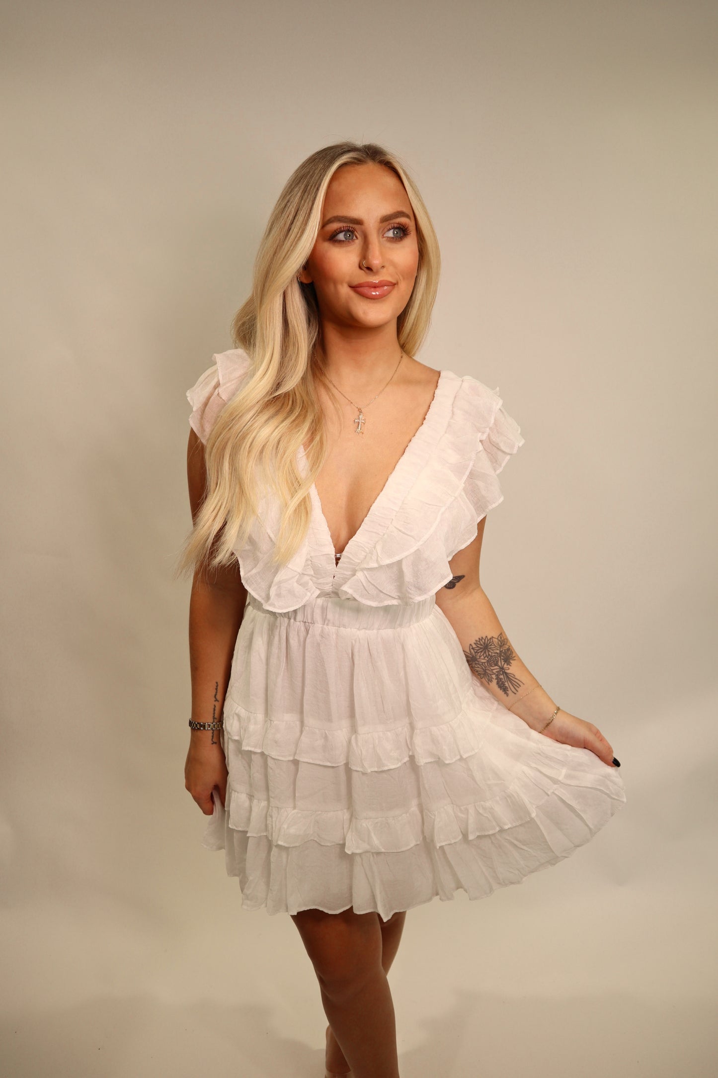 white v-neck ruffle tiered dress