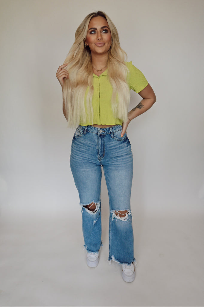 lime button up crop