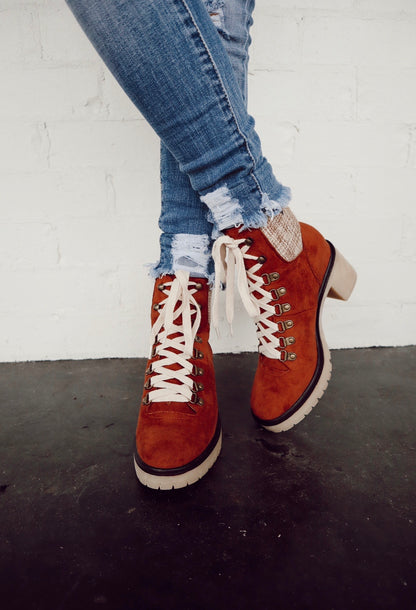 lace up ankle boot- chestnut & plaid