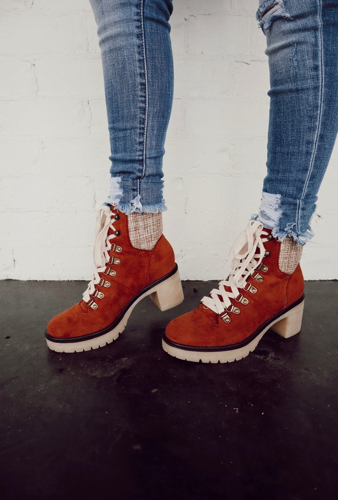 lace up ankle boot- chestnut & plaid
